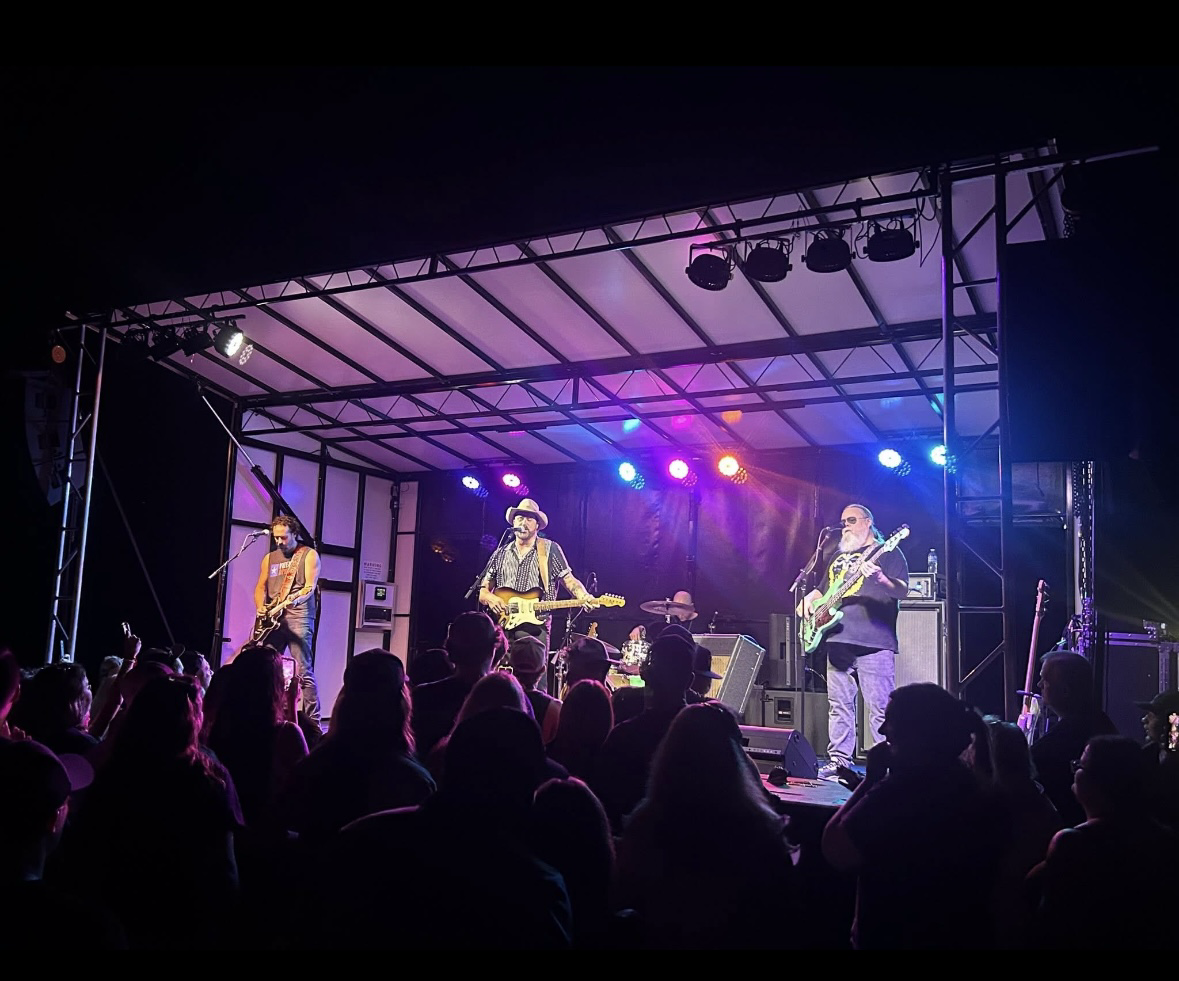 Live band performance under stage lights